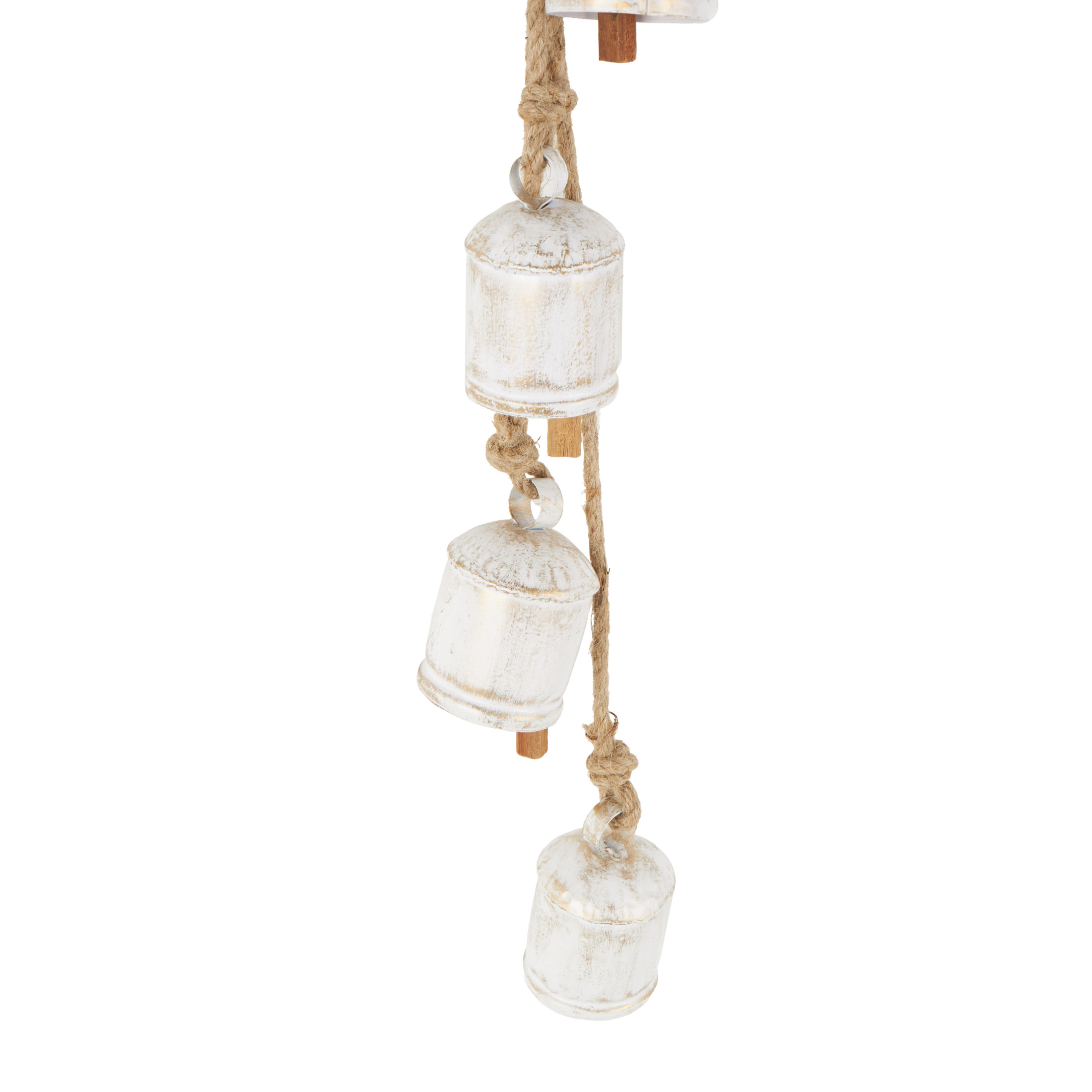 DecMode Tibetan Inspired Cascading White Metal Cylindrical Decorative Bells with 4 Bells on Jute Hanging Rope