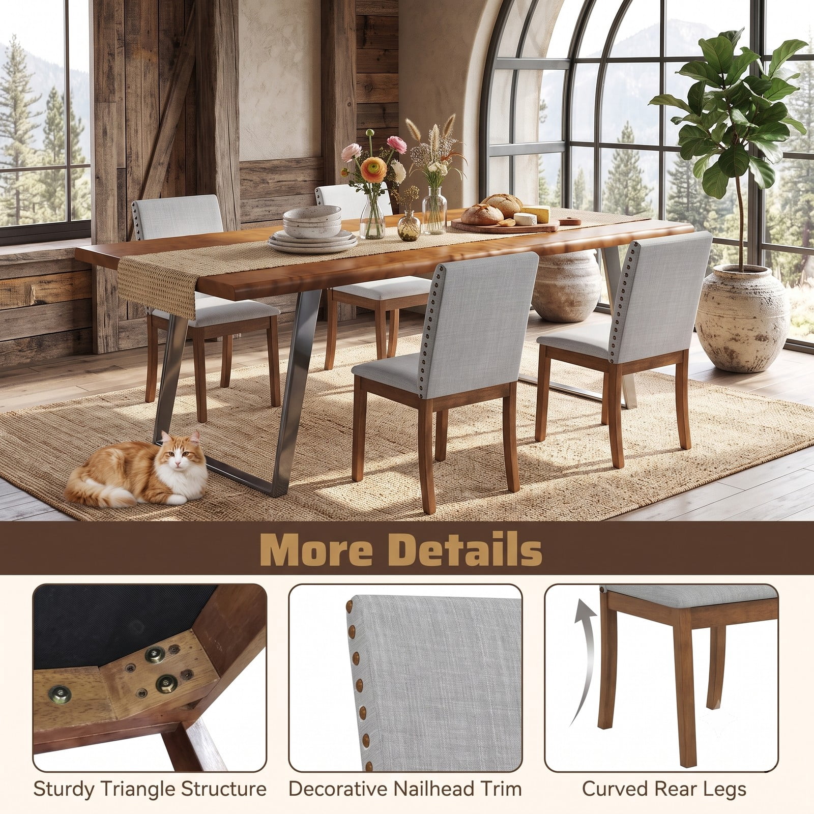 Furnibear Set of 2 Upholstered Dining Chairs, Rubber Wood Faux Linen Fabric Accent Side Chairs with Padded Seat and Nailhead Trim for Dining Room, Ash Gray & Walnut