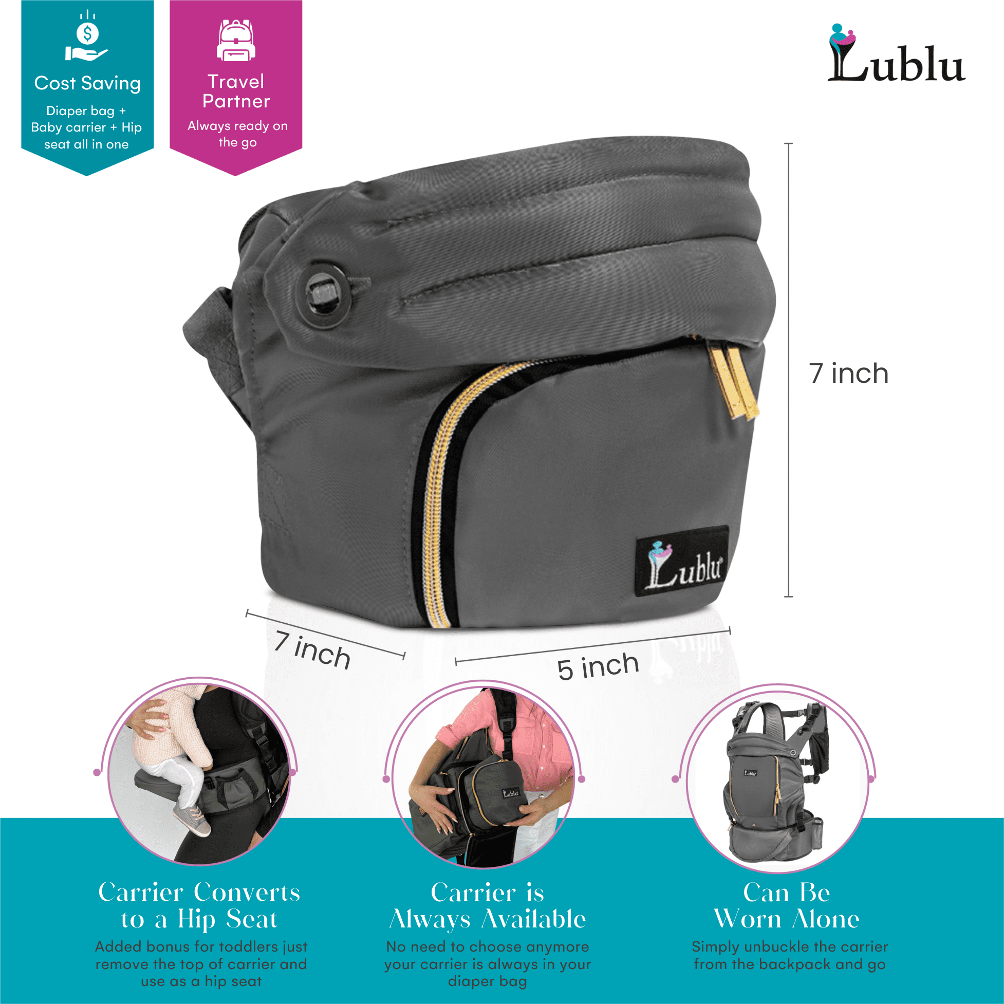 Lublu Diaper Bag Backpack with Baby Carrier, Hip Seat, Changing Pad, Insulated Pockets, Black or Grey (Grey)