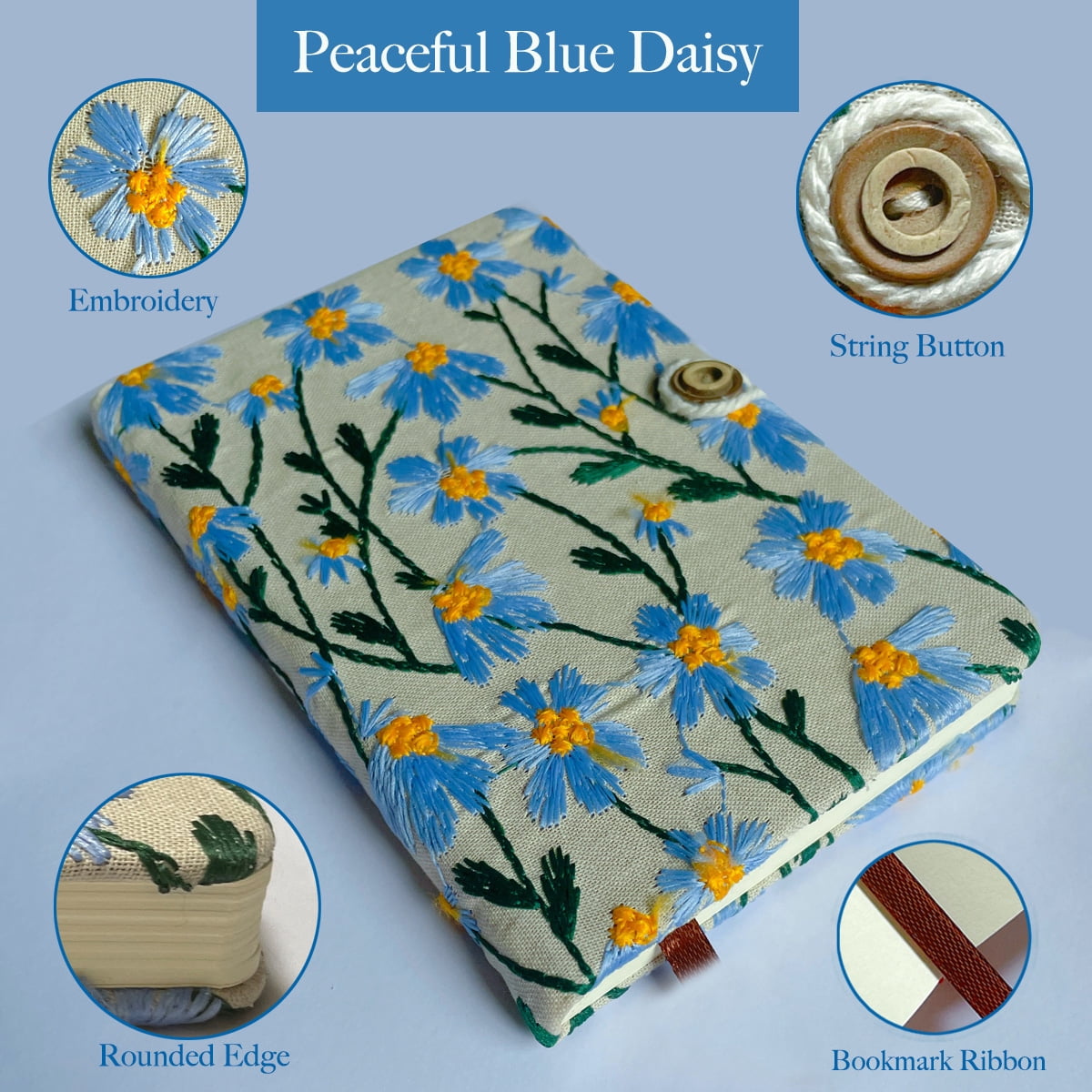 ipoul Graph Paper Notebook, Hardcover, Lay Flat, A5, 8"x6", Grid Paper, Flower Journal, Pretty, Daisy Gifts for Women, Blue
