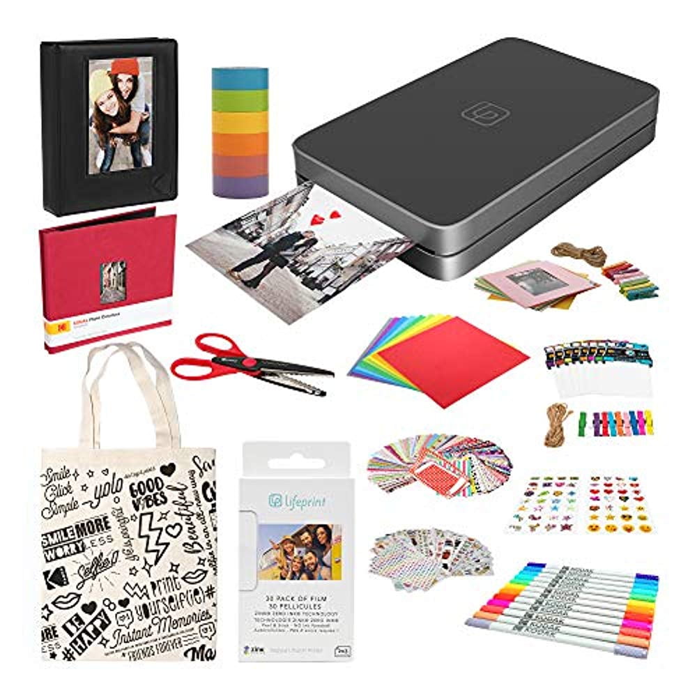 Lifeprint 2x3 Portable Photo and Video Printer (Black) Scrapbook Bundle