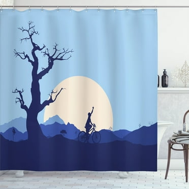 Ambesonne Nature Shower Curtain, Rising Moon in Forest, 69"Wx70"L, Blue and White