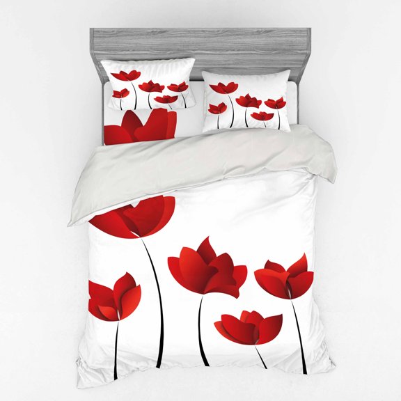 Floral Duvet Cover Set, Valentines Exquisite Rose Petals Blossoms Florets Nature Illustration Image, Bedding Set with Shams and Fitted Sheet, 3 Sizes, by Ambesonne