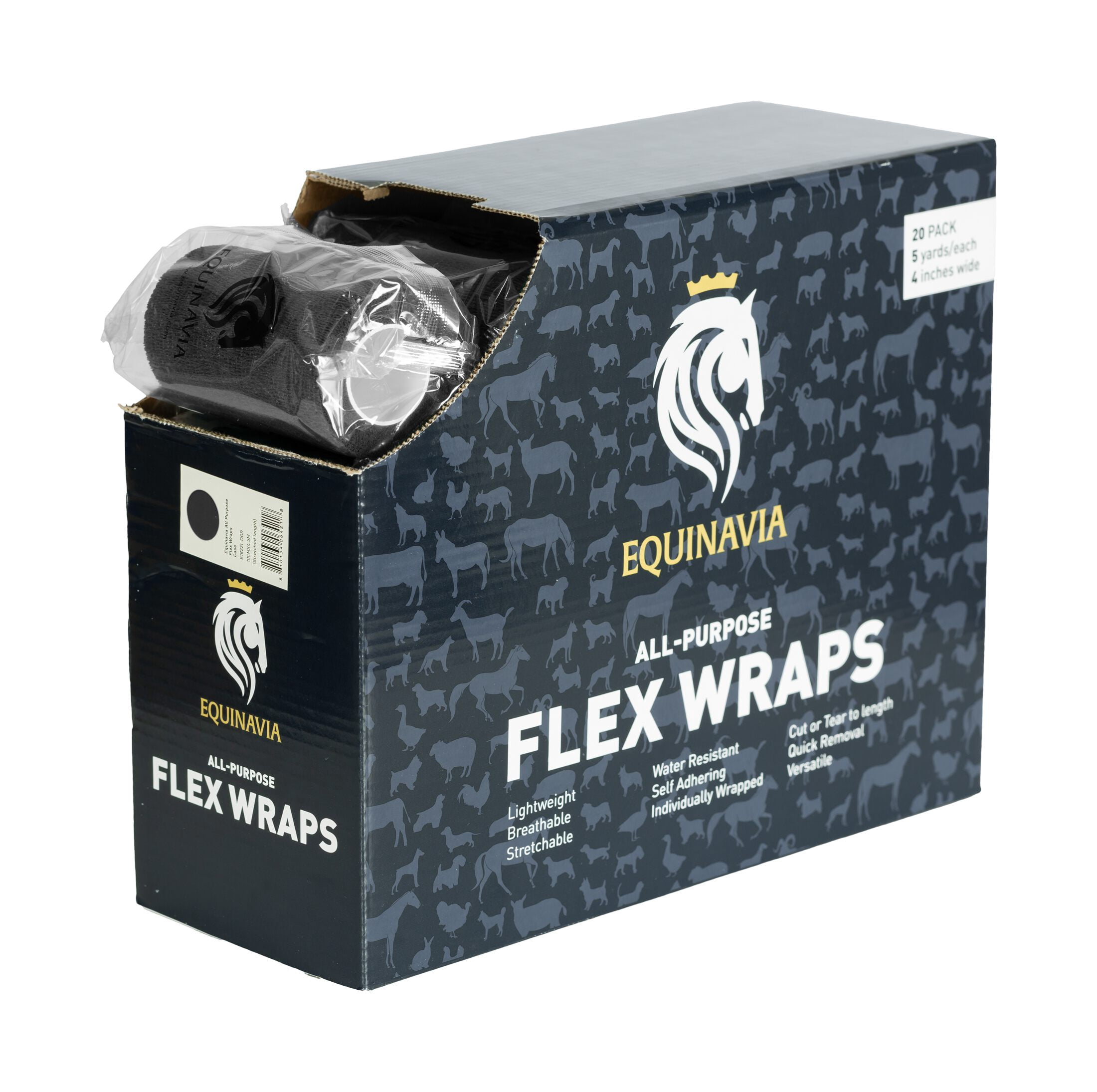 Equinavia 20 Pack Self Adhesive 4 Inch Vet Wraps with Easy-Dispenser Case | Bandages for Horses, Pets, Sports, Tattoo - Black - 20 x 5 yd