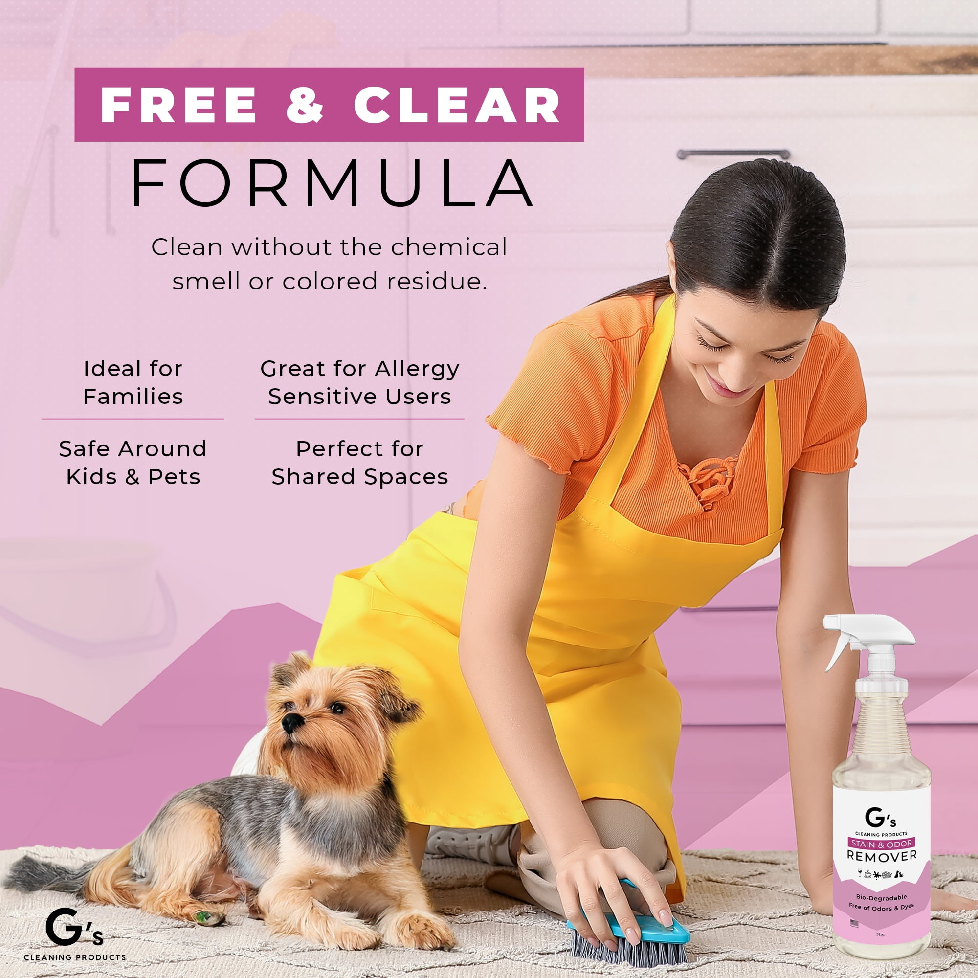 G's Cleaning Biodegradable Stain & Odor Remover Spray – 32 oz Pet Urine Enzyme Cleaner – Pet Odor Eliminator for Home – Cat & Dog Pee Carpet Cleaner – Stain Remover for Rug, Floor, Furniture