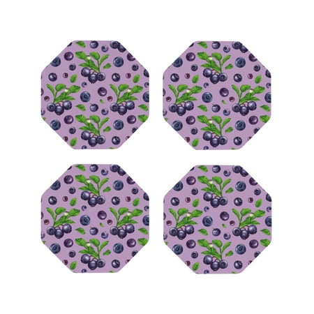 

Coasters Set of 4 - Blueberry Print purple Drink Coasters for Tabletop Protection Leather Coasters for Living Room Decor and Housewarming Gift Octagon