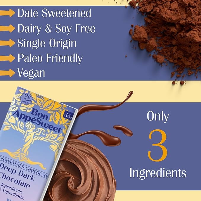 Bon Appesweet Date Sweetened Chocolate Bar - Deep Dark Chocolate | 2.2 Ounce (Pack of 5) | Organic, Zero Added Sugar, 70% Cacao, Plant Based, Dairy Free, and Guilt Free!