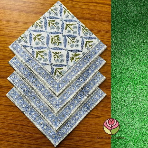 New Era Creation Light Blue,Green Indian Floral Hand Block Printed Cotton Cloth Napkin Size 20x20 Wedding Event Home Party,Housewarming Gift