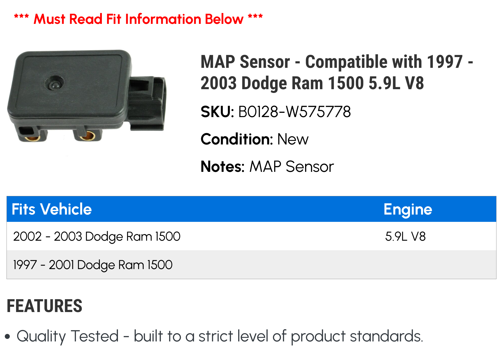 MAP Sensor - Compatible with 1997 - 2003 Dodge Ram 1500 5.9L V8 1998 1999 2000 2001 2002