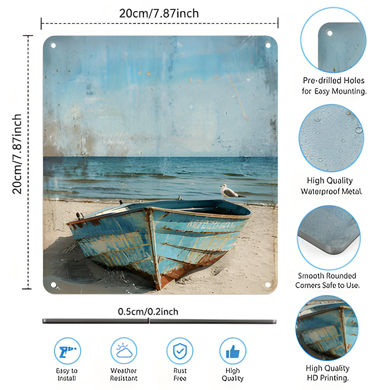 Vintage Blue Boat & Seagulls Metal Wall Art, 12x" 12x8 Inch Rustic Coastal Decor, Waterproof Rustproof Iron Sign, Rustproof Iron Sign, Ocean Beach Scene W