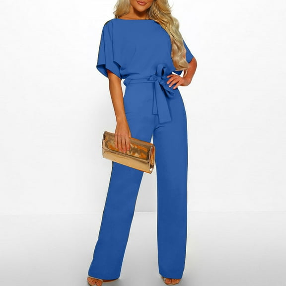 College Essentials for Studying workout jumpsuit shorts Fall/Winter Solid Color Short Sleeved Crewneck Jumpsuit With Belt Jumpsuit