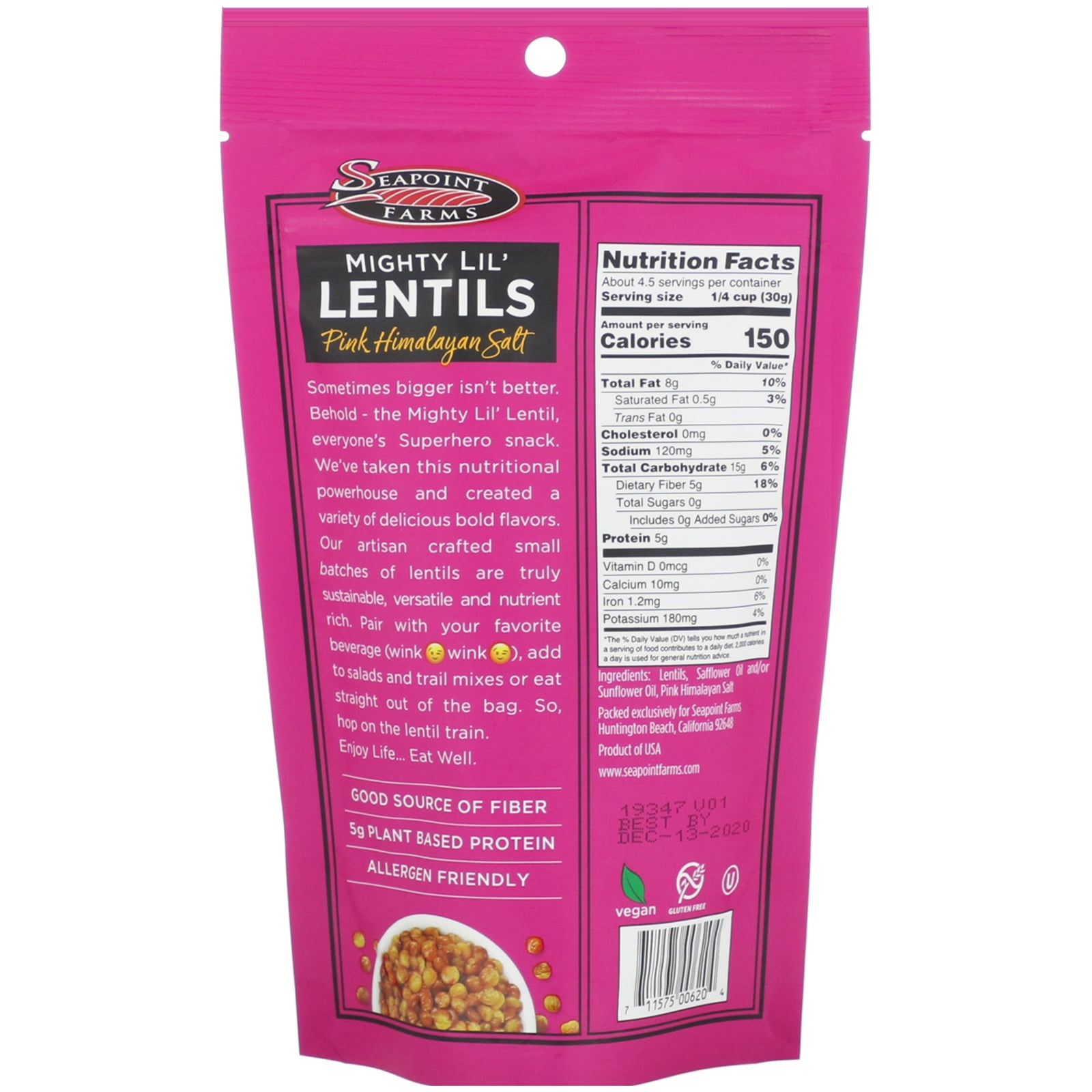 (6 pack) Seapoint Farms All Natural Pink Himalayan Salt Mighty Lil' Lentils, 1 Ct, (5 oz. Bag)