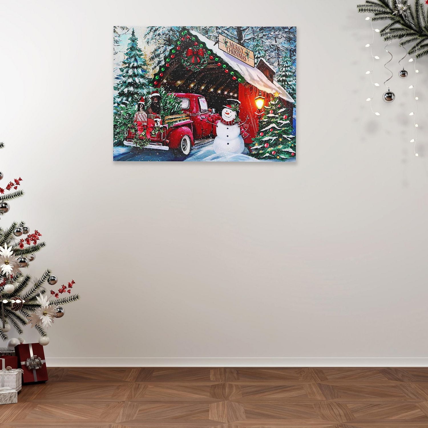 Christmas Led Canvas Wall Art Red Car With Snowman 12X16
