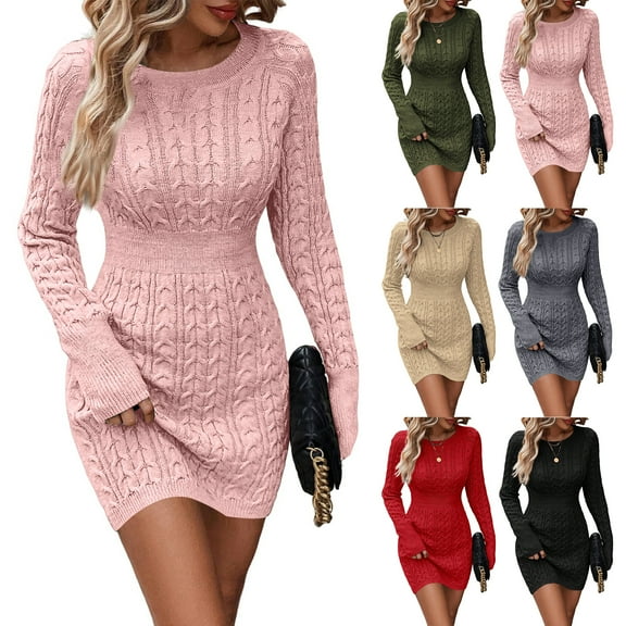Women's Fashion Round Neck Solid Color Long Sleeved Knitted Sweater Slim Fitted Hip Dress, Fall and Winter Casual Wear with Flattering Fit, Comfortable,Army Green,L
