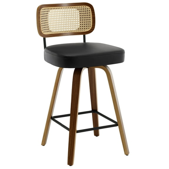 ANMINY Swivel Counter Height Bar Stools, Set of 1, Upholstered Faux Leather Barstools with Rattan Back, 26" Seat Height Bar Chairs for Kitchen Island, Bentwood Wood Frame