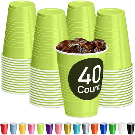 Lime Green Plastic Cups, 12 oz Disposable Cups, Reusable Party Supplies (40 Count)