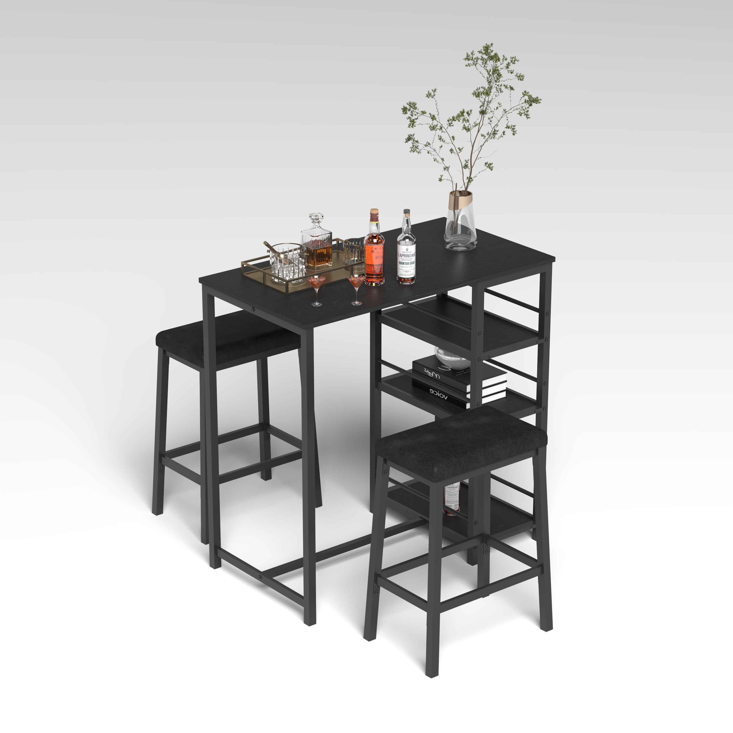 Aukfa Dining Table Set for 2, Kitchen Bar Table Set with Upholstered Stools for Small Space, Black