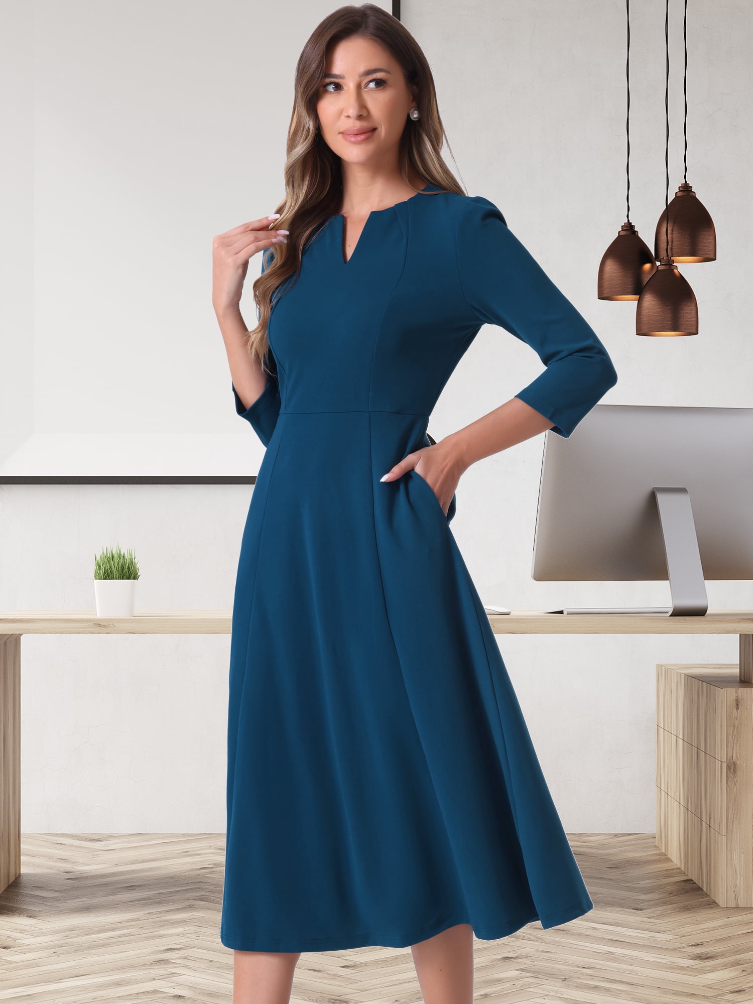 DARING DIVA Work Office Elegant 3/4 Sleeve V Neck A-Line Dress XL Dark Blue