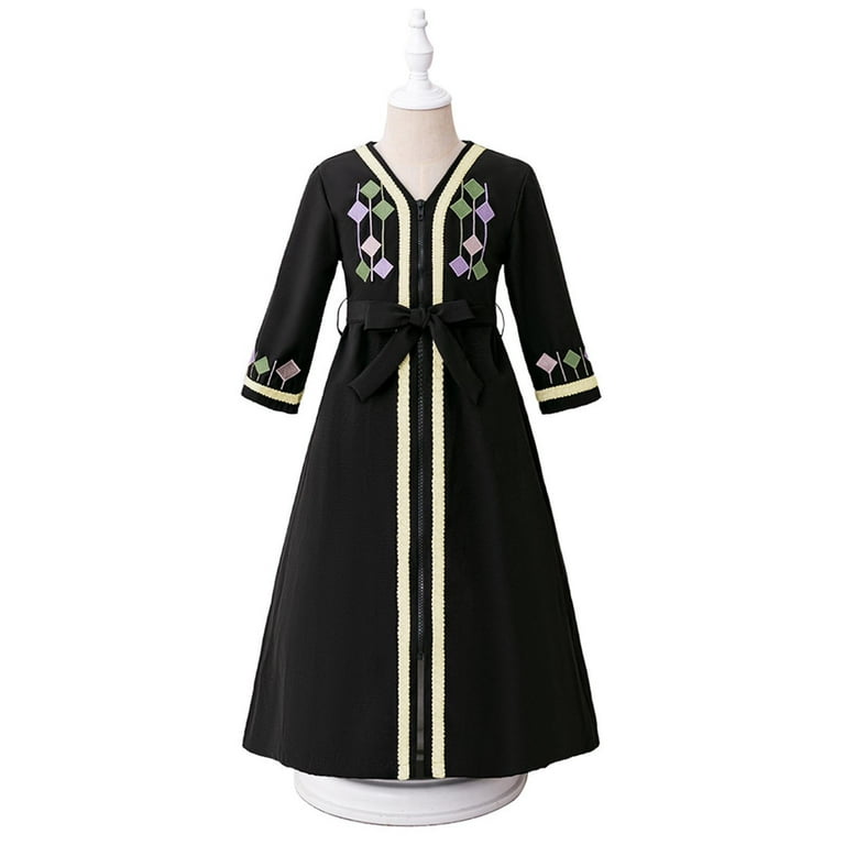 vokkrv Muslim Maxi Dress for Girls Kids Long Sleeve Zip Up Long Robe with Belts Vintage Classic V Neck Abaya Flowy Casual Modest Embroidered Dresses