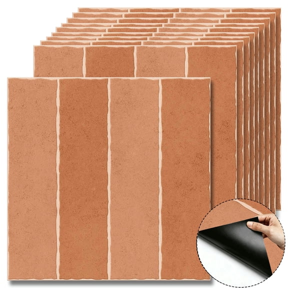 10Pcs Rustic Terracotta Striped Peel and Stick Floor Tiles, 12x12 Covers 10 Sq. Ft. Self-Adhesive DIY Vinyl Flooring, Removable Waterproof Peel and Stick Tile for Bathroom, Kitchen, Bedroom,Wall,Home