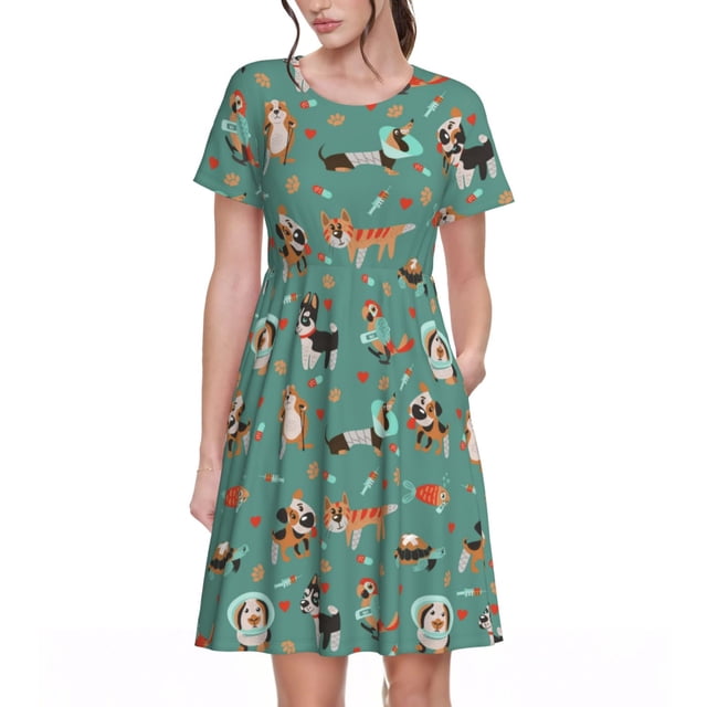 Bingfone Robe à Manches Courtes Imprimée pour Femmes, Robe Décontractée Confortable, Robe d'Été Élégante avec Ajustement Extensible pour Usage Quotidien