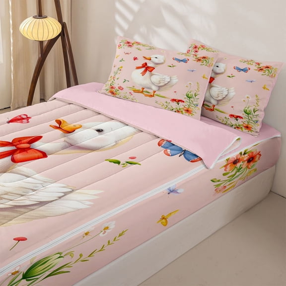 Manfei Cute Duck Red Bow Flower Zipper Twin Comforter Sets with Fitted Sheet and 2 Pillowcases for Boys Girls, Rustic Animal Zipper Bedding Set, Pink Reversible, 4 Pieces
