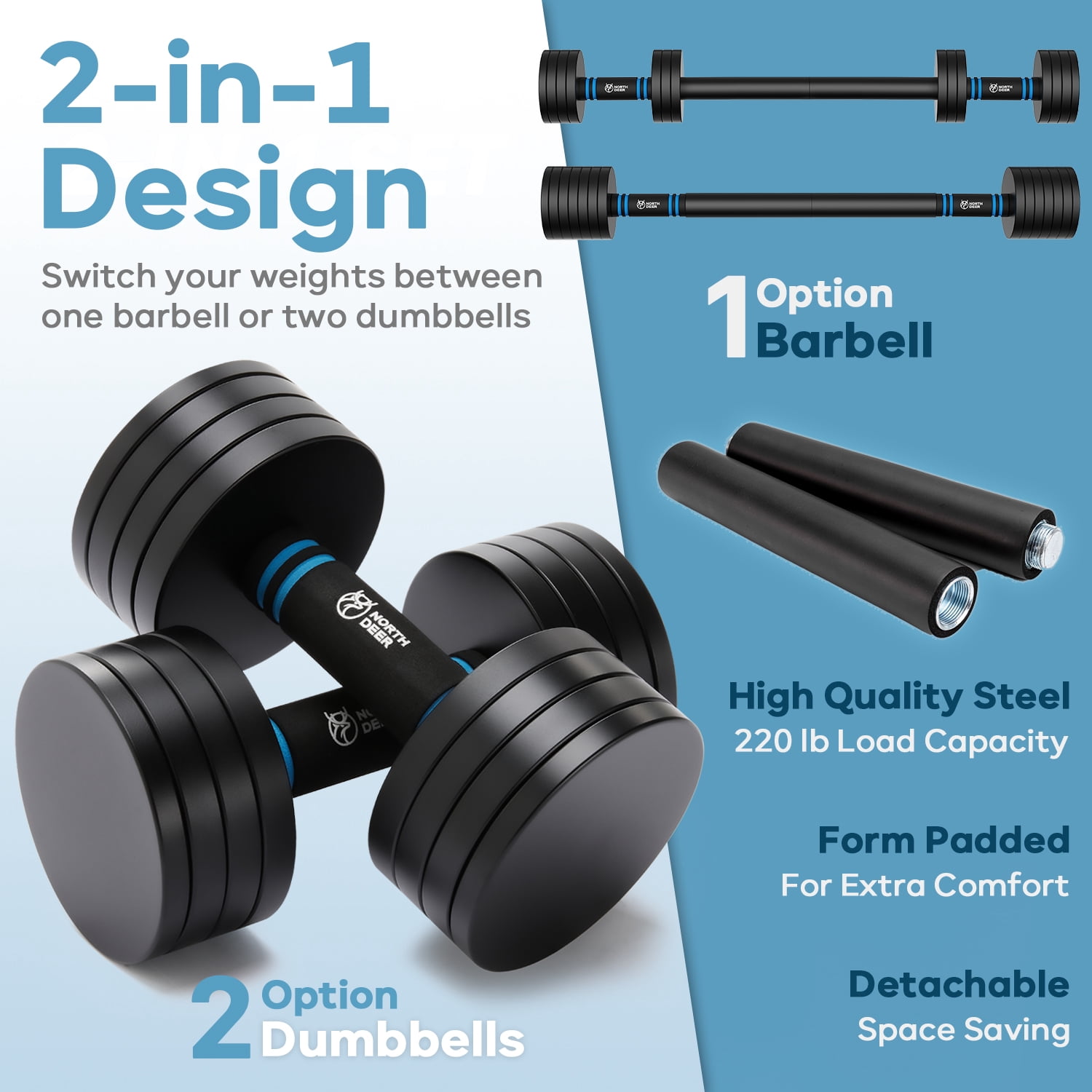 ARVIVO 2pcs V2.0 Upgraded Adjustable Steel Dumbbells 2-in-1 Dumbbell Barbell Set for Home GYM Workout 20lbs Black