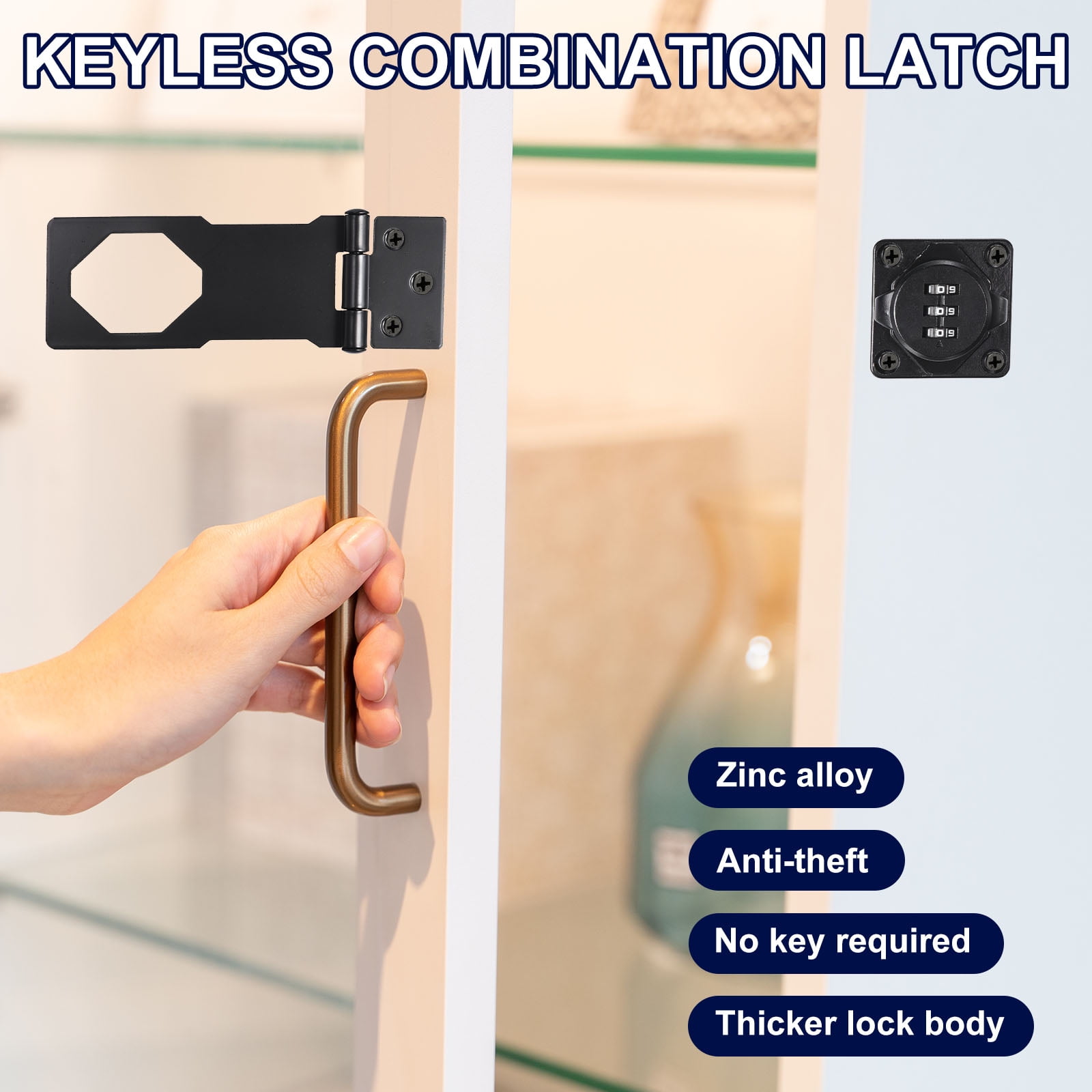 Household Cabinet Password Lock Hasp Lock Combination Latch with 3-Digit Password, Black 2 Pack