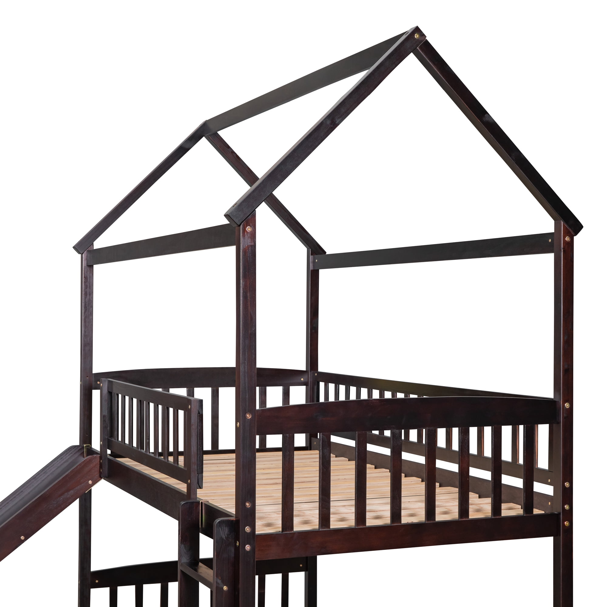 Aukfa Twin over Twin Bunk Bed with Slide, L-Shaped House Bunk Bed for Kids, Boys and Girls, Wooden - Espresso
