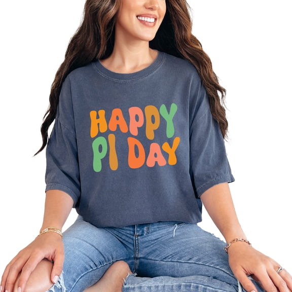 Happy Pi Day, March 14, Mathematics, Math or Mathematician Themed, Groovy Retro Wavy Text, Denim Comfort Colors T-Shirt, Small