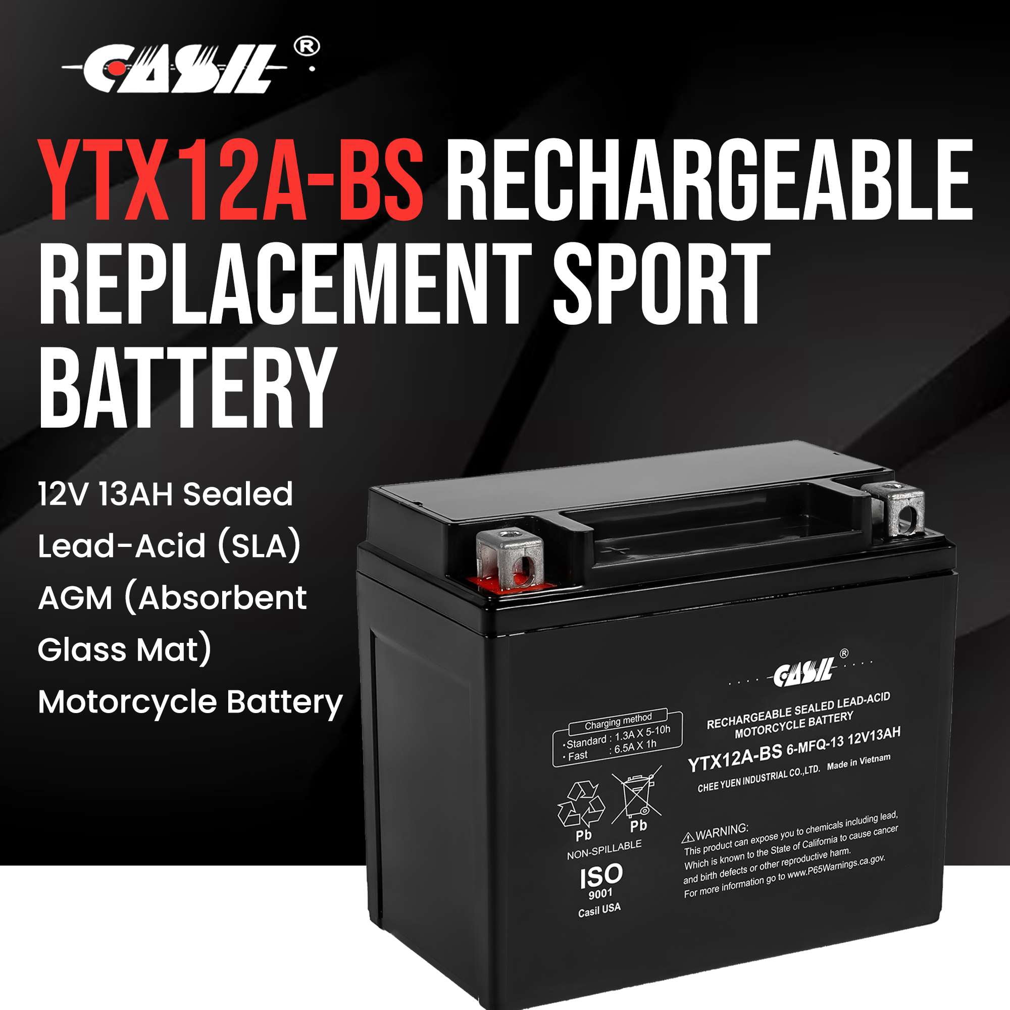 CASIL YTX12A-BS Replacement Power Sports Battery for Motorcycles, ATV's, and Scooters