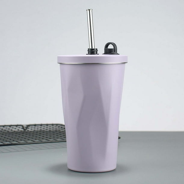 Vaso de acero inoxidable con pajita y tapa abatible | Vaso aislado al vacío de 600 ml para bebidas frías y calientes | Botella de agua portátil para coche, oficina, escuela y viajes