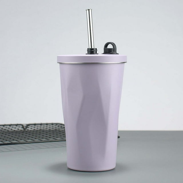Vaso de acero inoxidable con pajita y tapa abatible | Vaso aislado al vacío de 600 ml para bebidas frías y calientes | Botella de agua portátil para coche, oficina, escuela y viajes