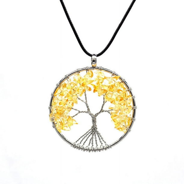 Zhuge Collar con colgante de árbol de la vida para hombres y mujeres, accesorios de collar hechos a mano, collar de árbol de la vida de cristal de piedra natural (amarillo, cuerda de cuero)