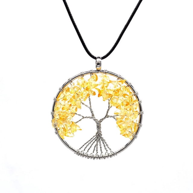Zhuge Collar con colgante de árbol de la vida para hombres y mujeres, accesorios de collar hechos a mano, collar de árbol de la vida de cristal de piedra natural (amarillo, cuerda de cuero)