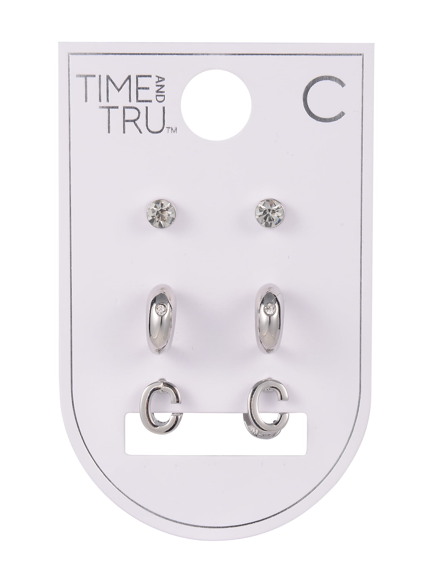 Time and Tru Silvertone 3-On Crystal Stud, Hoop, Initial "C" Earring Set