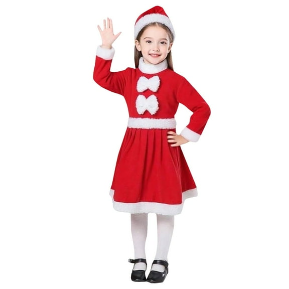 YunPes Kids Santa Dress, 2PCS Christmas Velvet Dress up Suit for Girls, Kids Performance Dress Up with Hat, Xmas Outfits