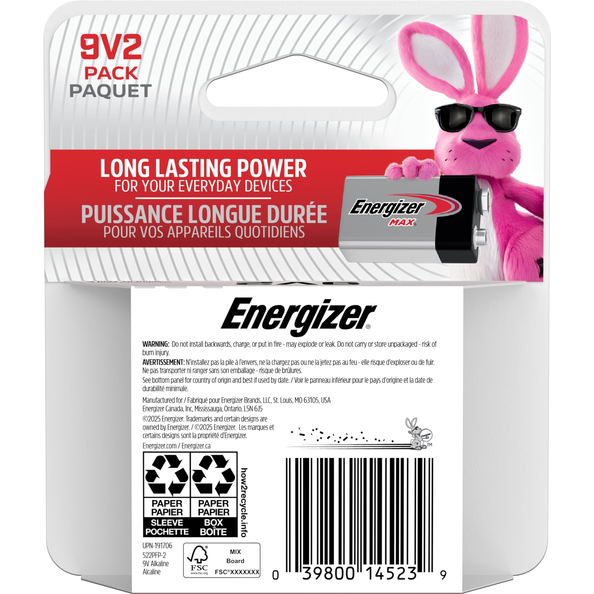 Energizer MAX 9V Batteries (2 Pack), 9 Volt Alkaline Batteries