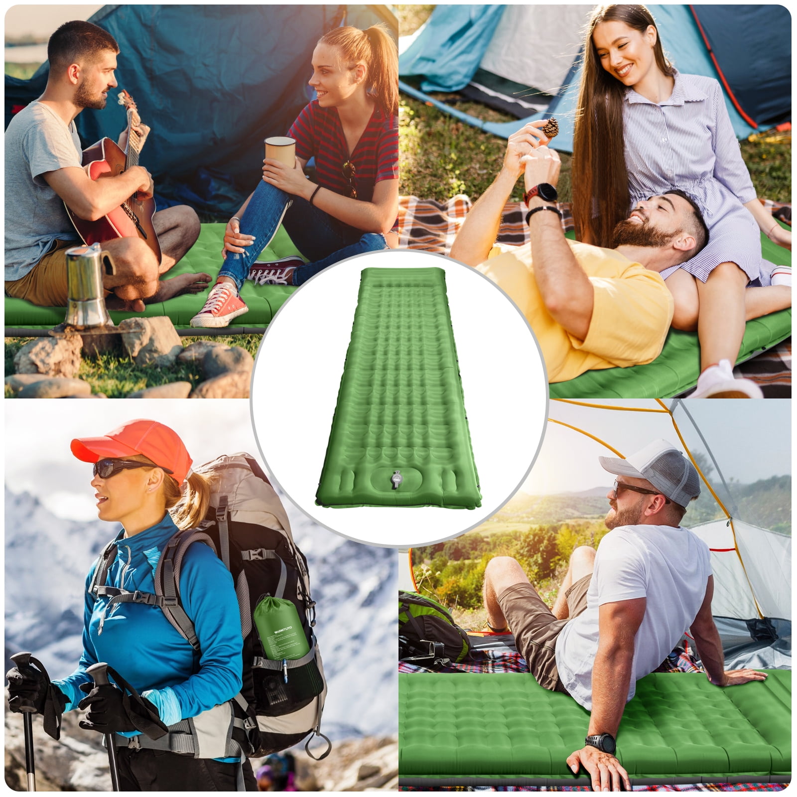 WARMTUYO Sleeping Pad Inflating Built-in Foot Pump, 78.74x26.77x4.72in Thickened Camping Mats with Pillow, Waterproof Camping Mattress for Outdoor Hiking Camping Traveling Cot - Green