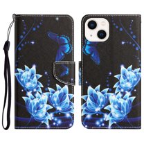 Compatible with iPhone 15 Wallet Case for Women with Credit Card Holders, Magneitc Cute Patterned Designed Flip PU Leather Kickstand Shockproof Cover for iPhone 15, Blue Butterfly