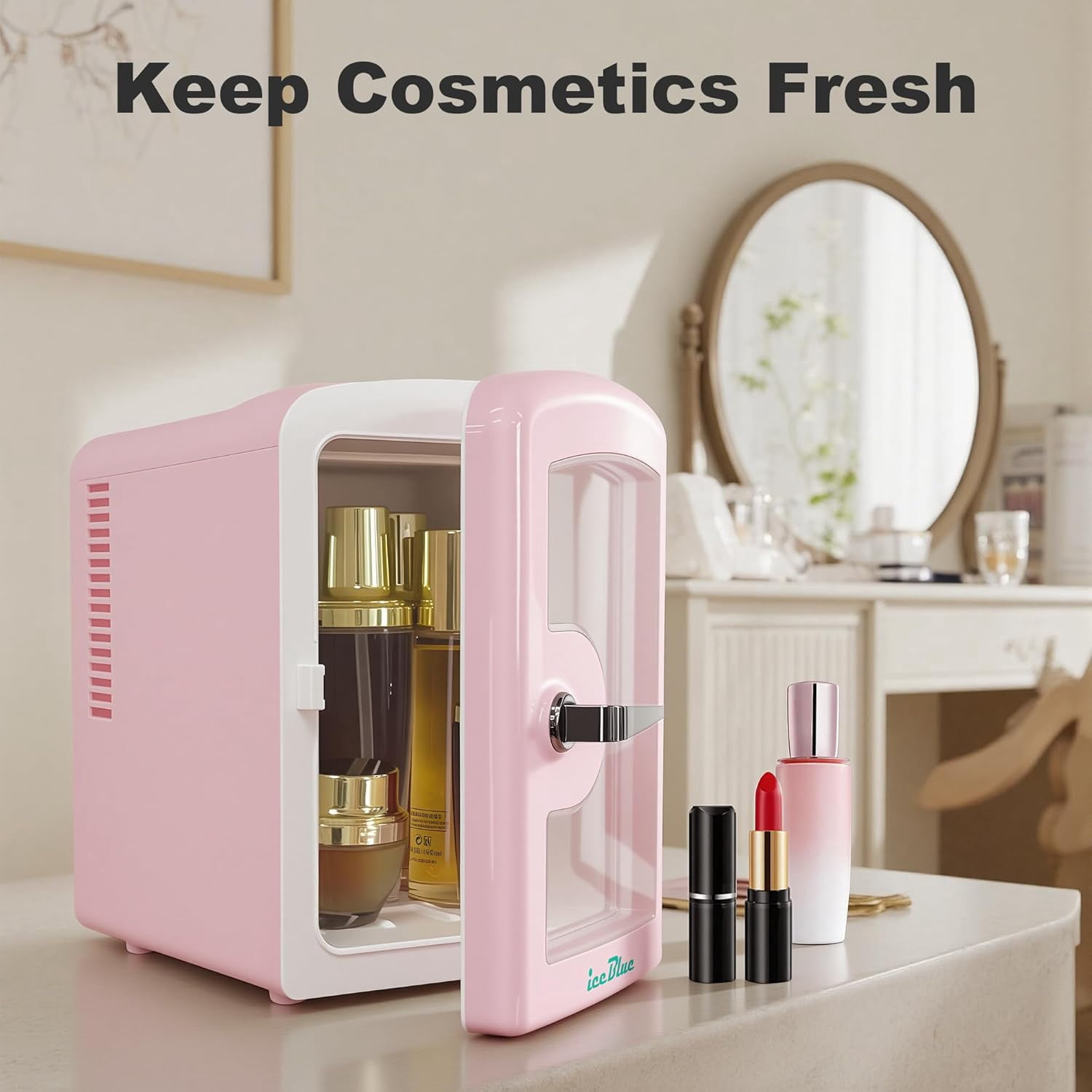 Fridge 4L with Viewing Window, Portable Skincare & Beverage Cooler for Bedroom Car Office Dorm Gift Pink