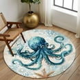 thumbnail image 3 of Teal Octopus Coastal Round Rugs 5ft, Summer Beach Vintage Nautical Non Slip Washable Rug Runner, Low Pile Indoor Floor Carpet Mat Bathroom Rugs for Living Room, Bedroom, Kids Room, 3 of 9