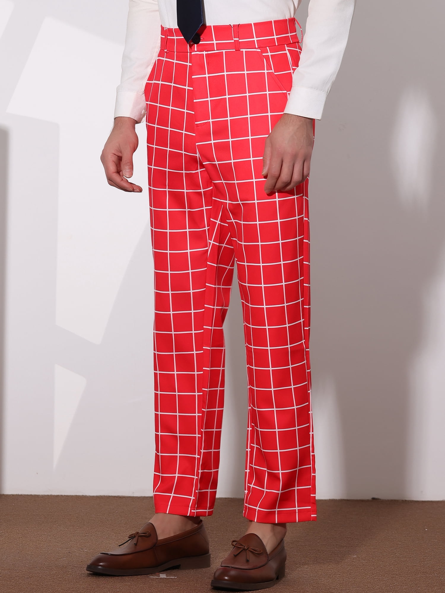 Unique Bargains Men's Plaid Printed Straight Leg Business Casual Checked Pants 28 Red White