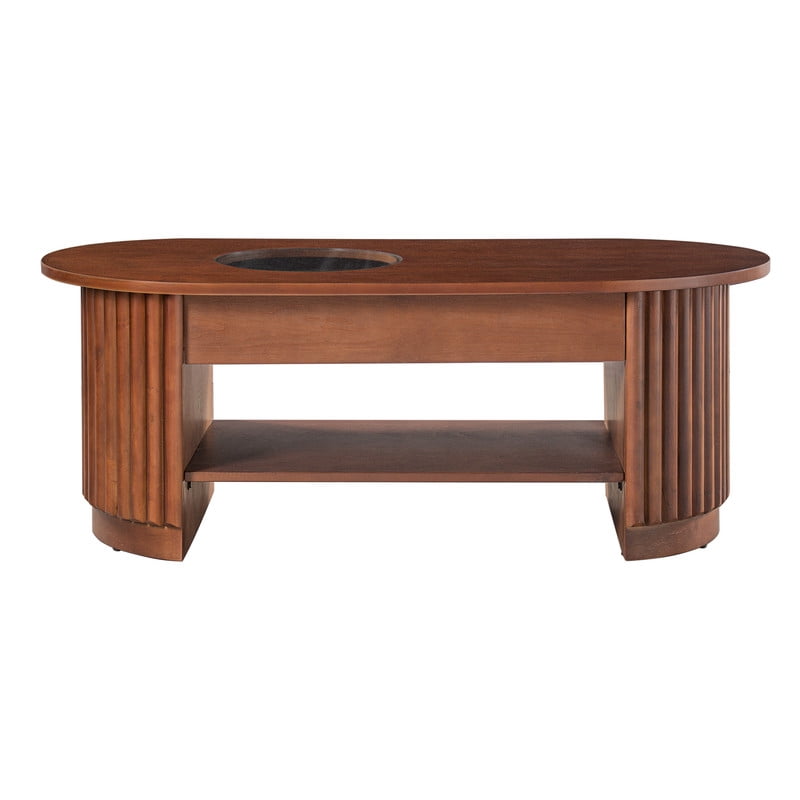 Mid-Century Modern Oval Coffee Table with Drawers & Tempered Glass Inset Top, 2-Tier Fluted Center End Table with Open Shelf