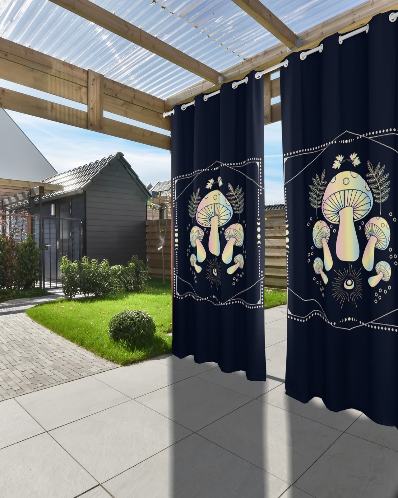 Outdoor Curtains for Patio, Cream Ombre Mushroom Waterproof Blackout Outside Curtain for Porch/Pergola/Gazebo, Botanical Black Geometric Thermal Insulated Drapes for Cabana, 1 Panel, 54 x 108 Inch