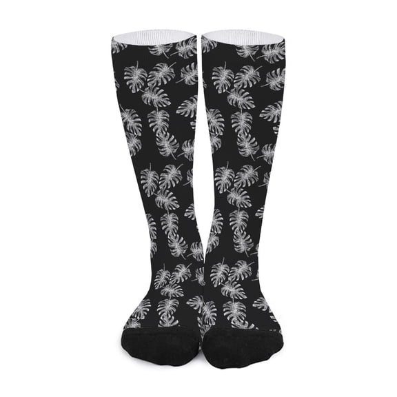 DIQADILA Black and White Monstera Pattern Print Long Socks