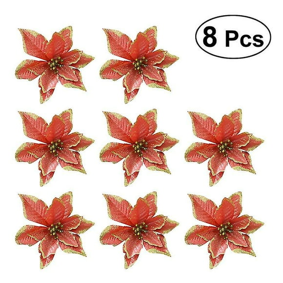 8pcs 13cm Paillettes Artificielles de Mariage Fleurs de Noël Couronnes d'Arbre de Noël Ornement de Décoration (Rouge)