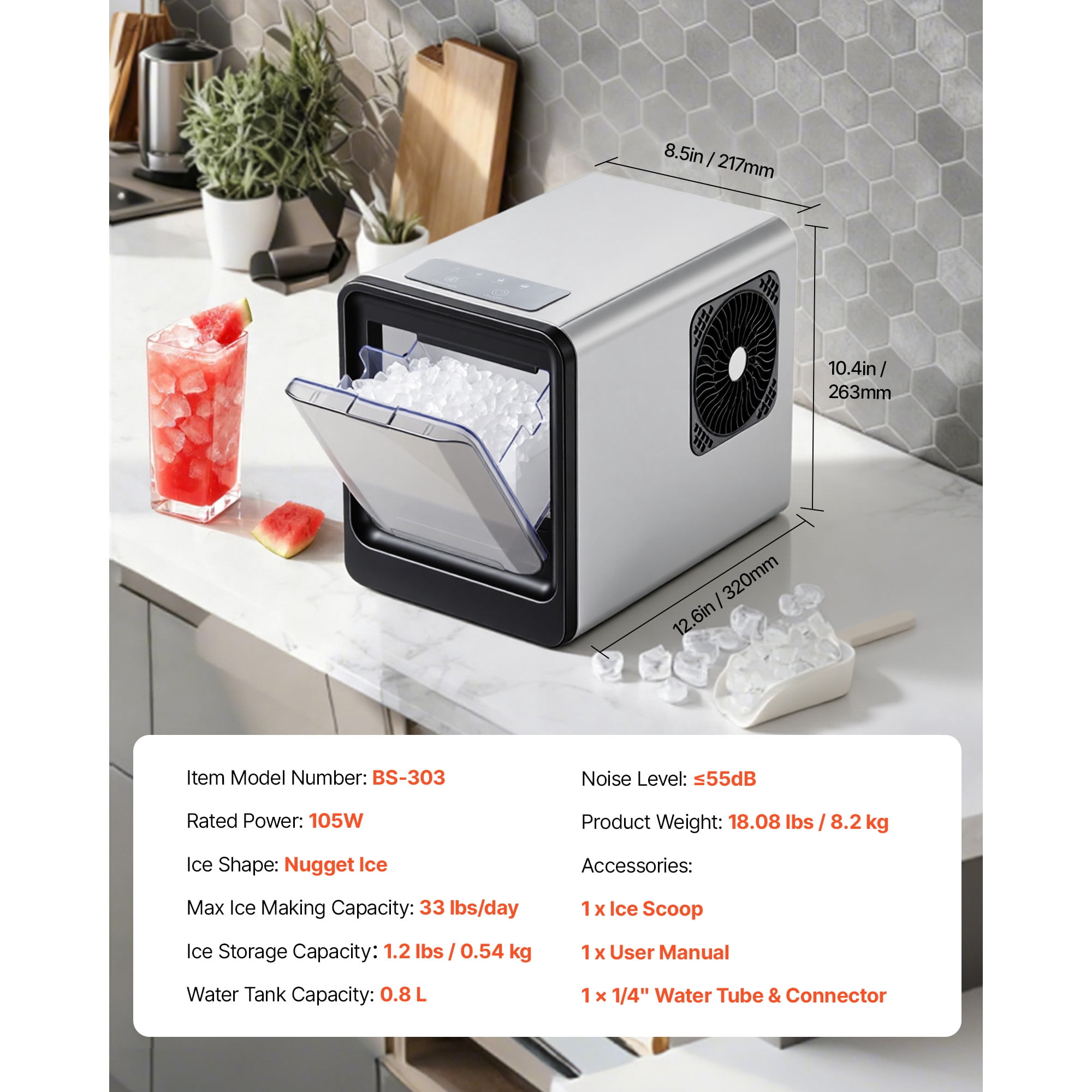 KFFKFF Countertop Ice Maker, 33 lbs Daily Capacity, Self-Cleaning Portable Machine with Scoop, Drawer-Style Access, Nugget Ice Maker for Home, Kitchen, Office, Bar, and Parties