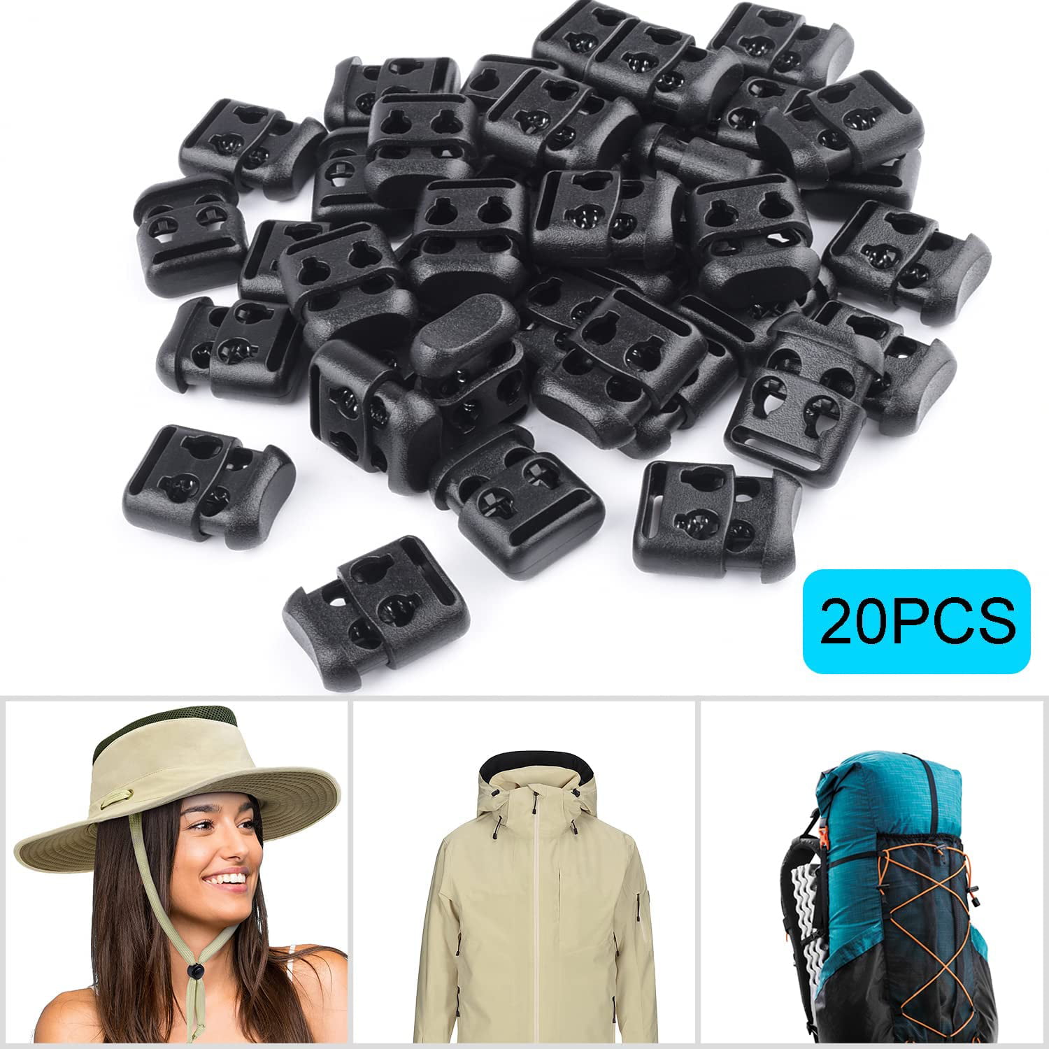 20pcs Spring Latch Cord Locks Paracord Rope Stoppers Plastic 2 Holes Round  Toggle Cylinder Sliding Fastener Buttons End For Drawstrings, Jackets, Bags