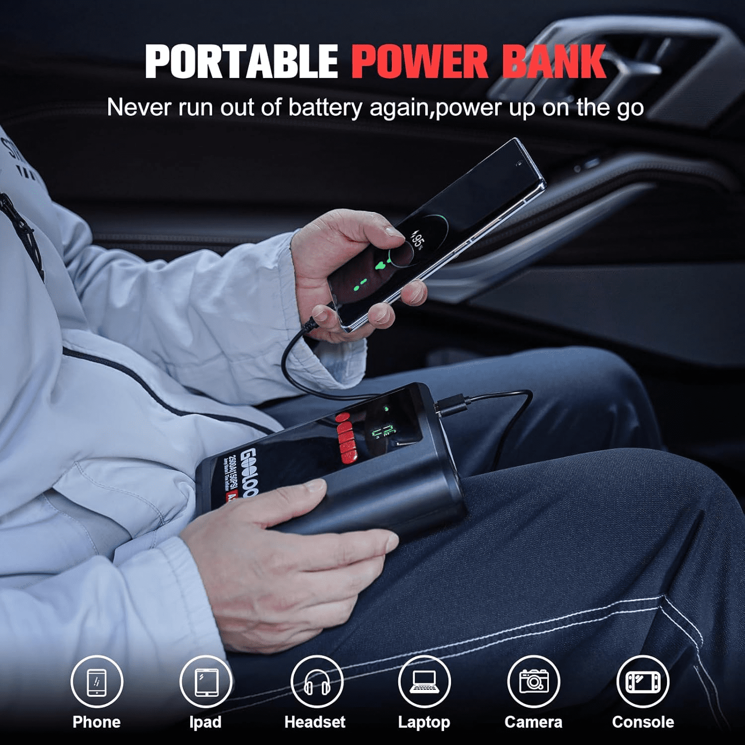 GOOLOO A2 8-in-1 Jump Starter with Air Compressor, 2500A Car Battery Booster (Up to 8L Gas/6L Diesel) 150 PSI Cordless Auto-Shutoff Tire Inflator, 12V Supersafe Lithium Jump Box with Jumper Cables